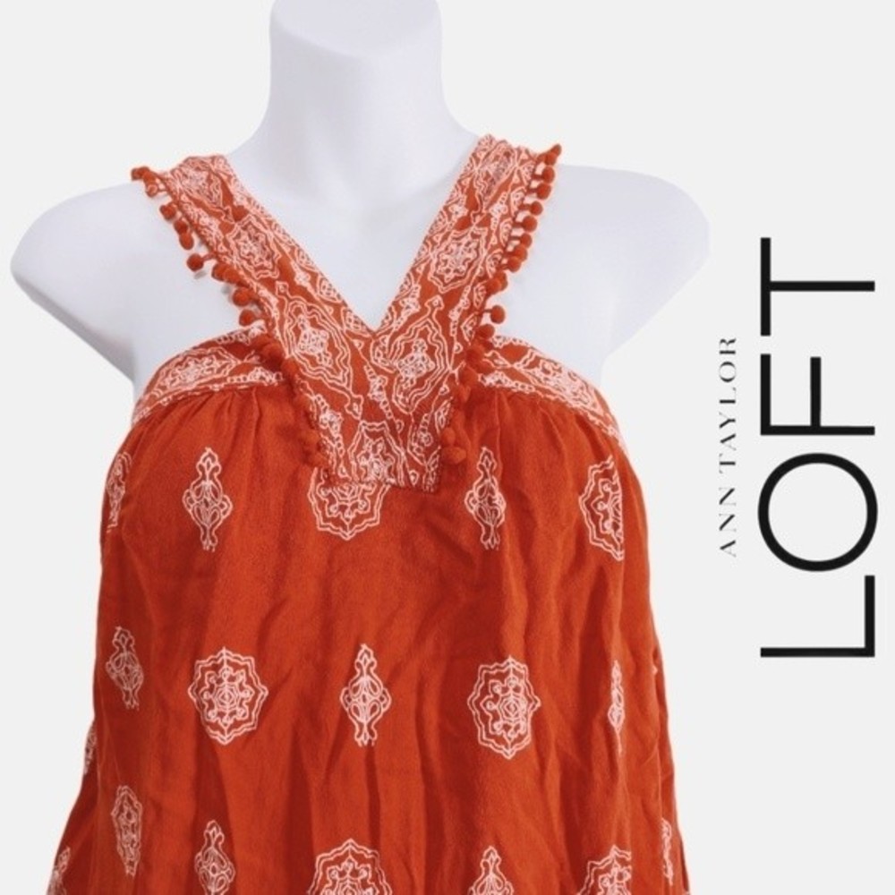 LOFT Ole Coral and White Aztec Print Swing Halter Dress - Small